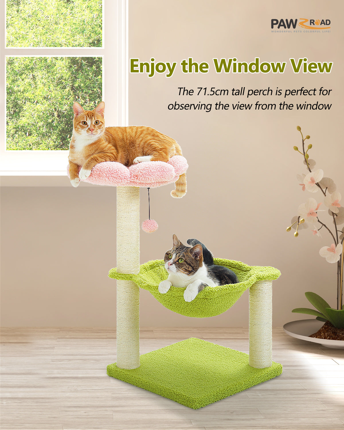 PAWZ Road Cat Tree Tower Scratching Post for Kitten Bed Condo House with Hammock Pink