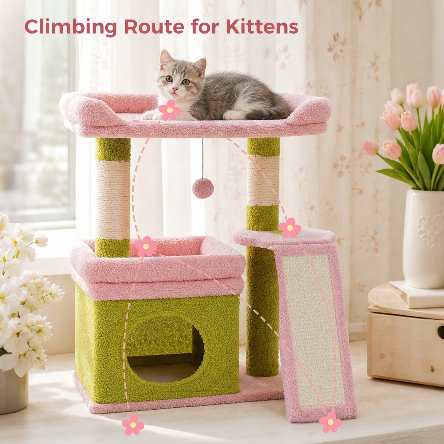 PAWZ Road Small Cat Tree Tower Scratching Post with Wide Top Perch Condo Toys Pink