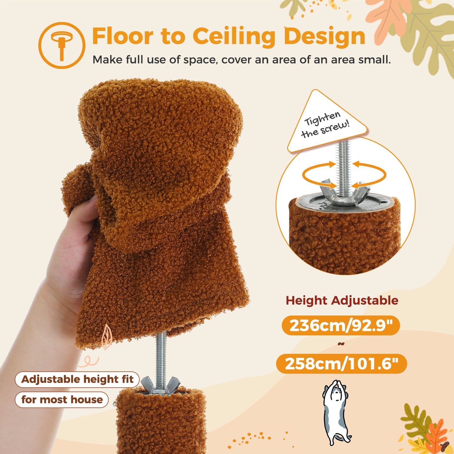 Cat Tree Tower Scratching Post Floor to Ceiling Height Adjustable Cat Condo Bed Brown