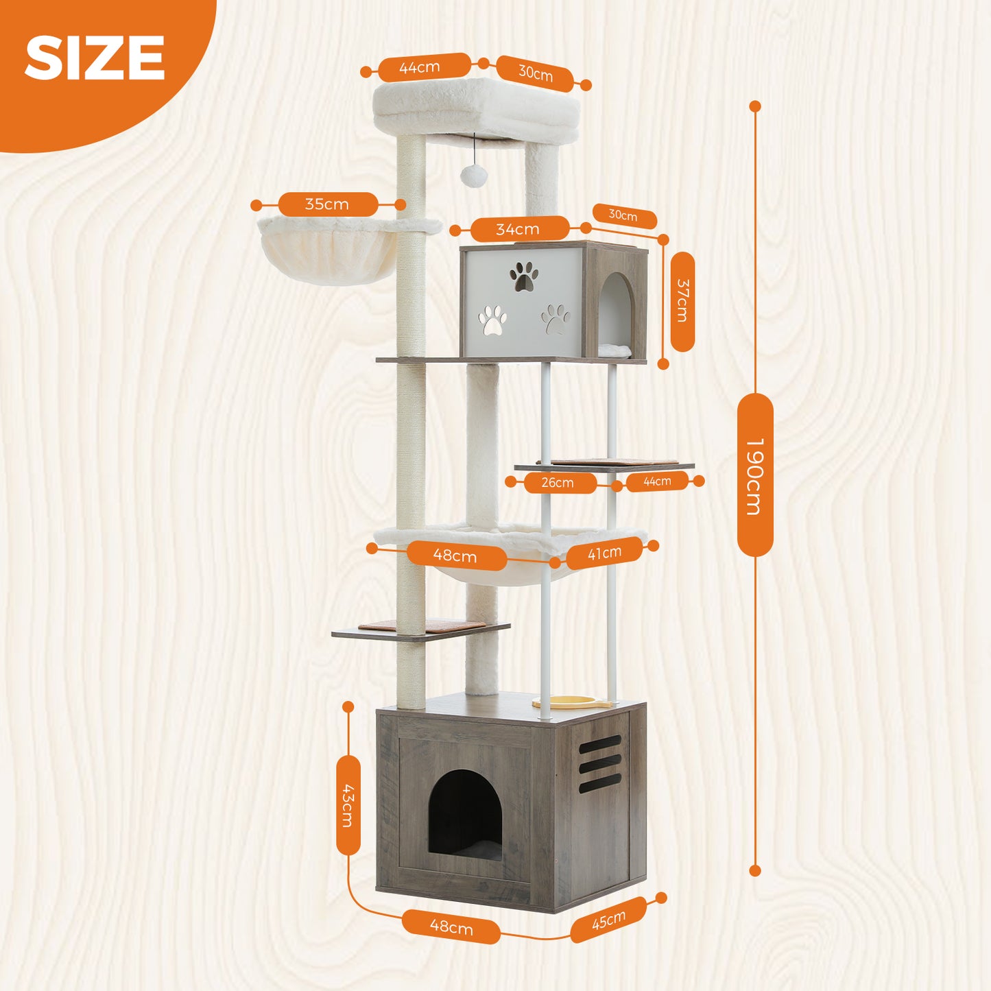 PAWZ Road 190cm Cat Tree Tower Wood Cat Condo Furniture Scratching Post Scratcher Grey