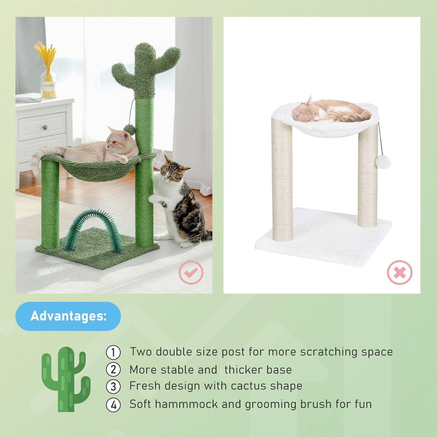 PAWZ Road 84cm Cactus Cat Tree Tower Scratching Post Scrathcer with Grooming Brush Green