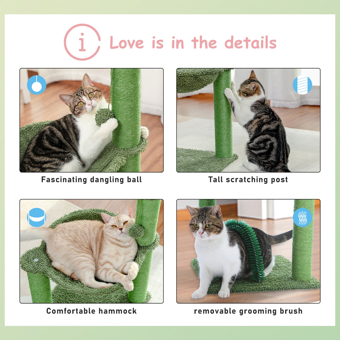 PAWZ Road 84cm Cactus Cat Tree Tower Scratching Post Scrathcer with Grooming Brush Green