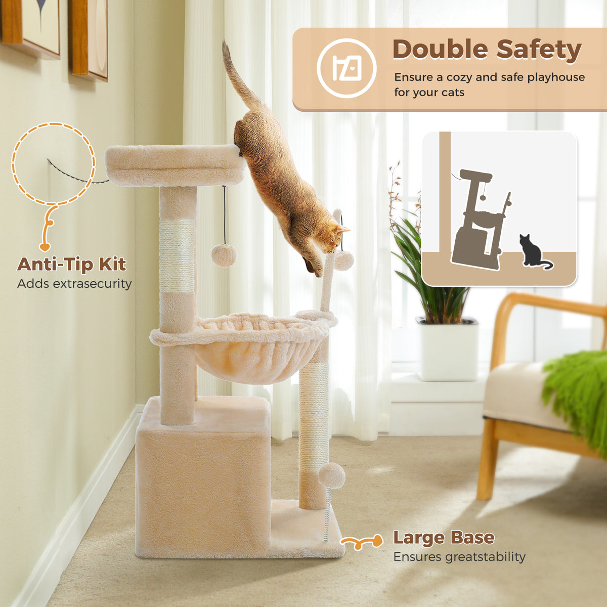 PAWZ Road Plush Cat Tree, 83cm Cat Tower with Cozy Hammock, Pet Furniture Natural Sisal Scratching Posts, Spacious Plush Perch, Large Cat Condo, Dingdang Balls for Indoor Cats, Beige