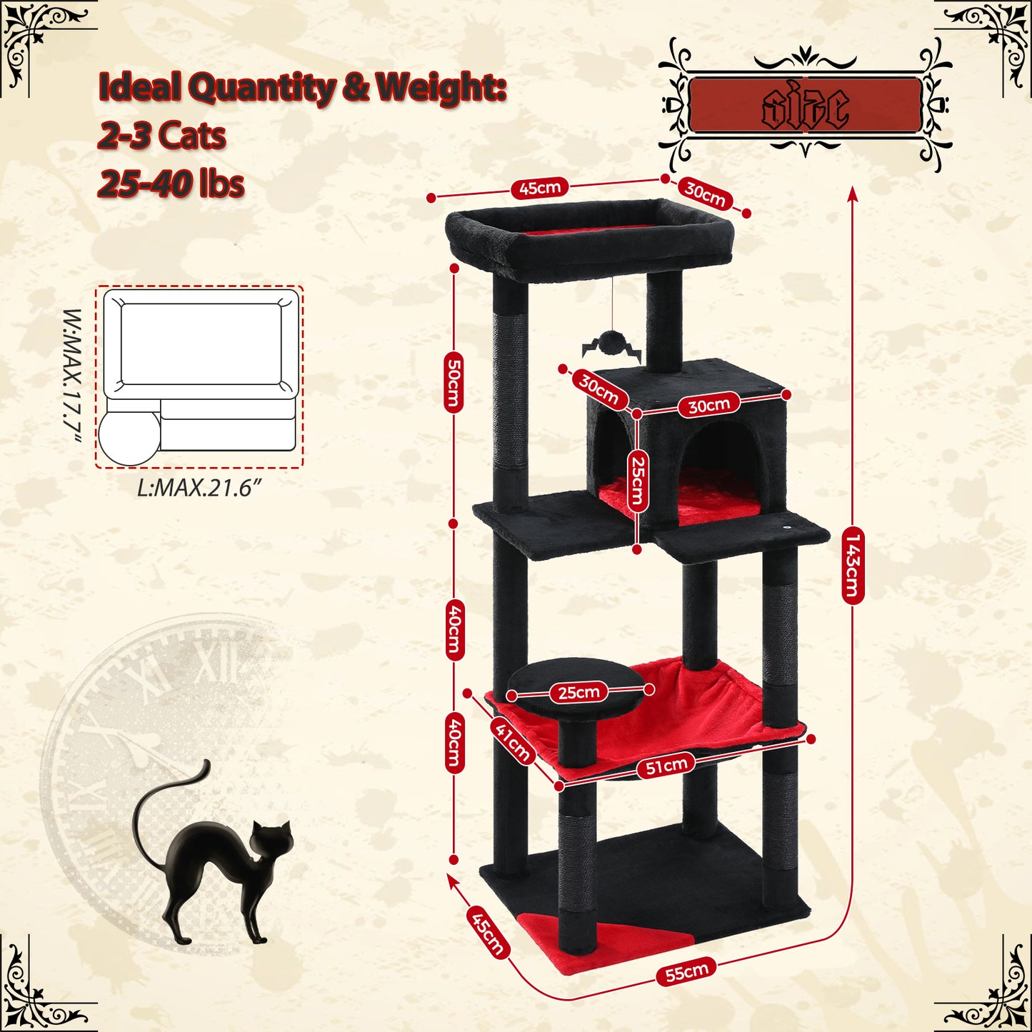 PAWZ Road 143cm Gothic Cat Tree Tower Scratching Post Scratcher Cat Condo Tree Kitten Bed Toy Black