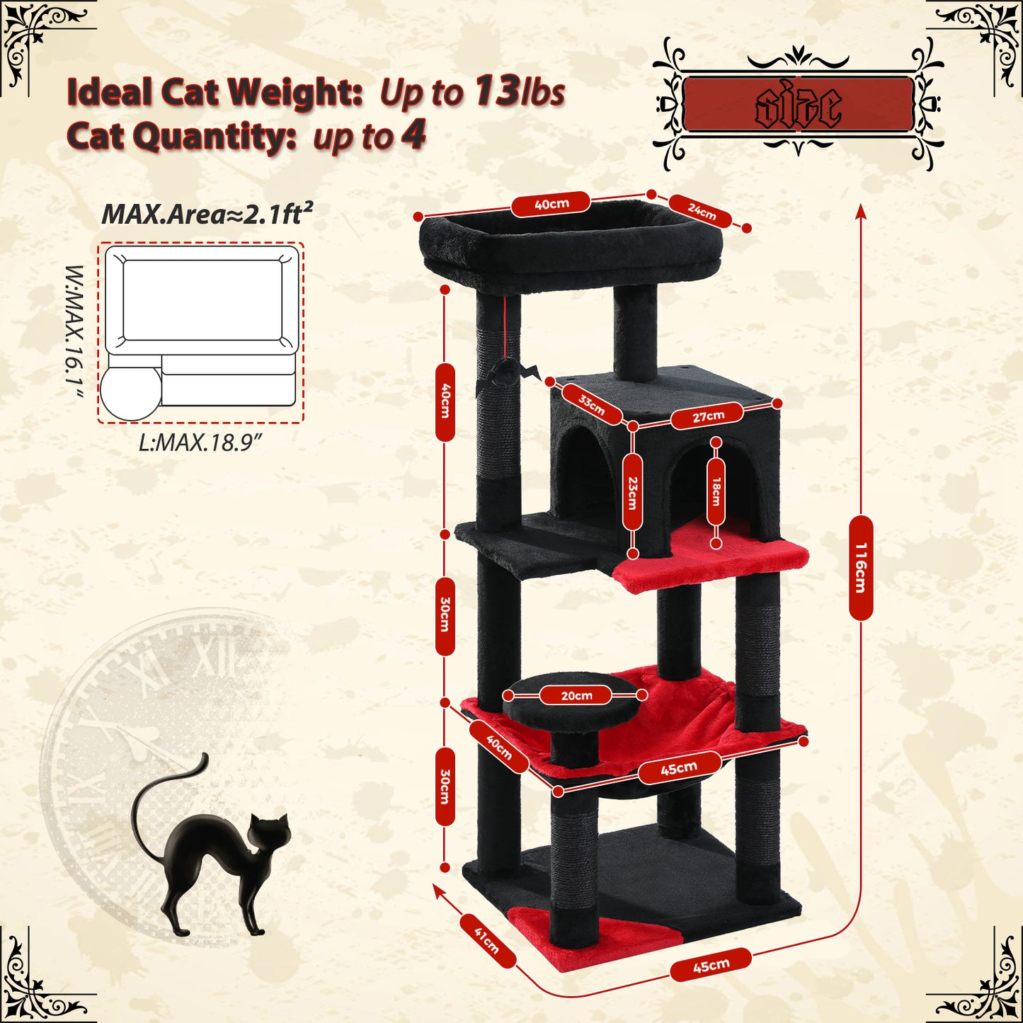 PAWZ Road 116cm Gothic Cat Tree Tower Scratching Post Scratcher Cat Condo Tree Kitten Bed Toy Black