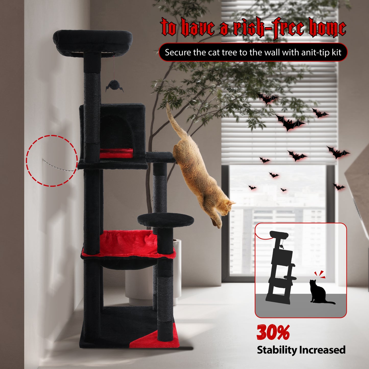 PAWZ Road 143cm Gothic Cat Tree Tower Scratching Post Scratcher Cat Condo Tree Kitten Bed Toy Black