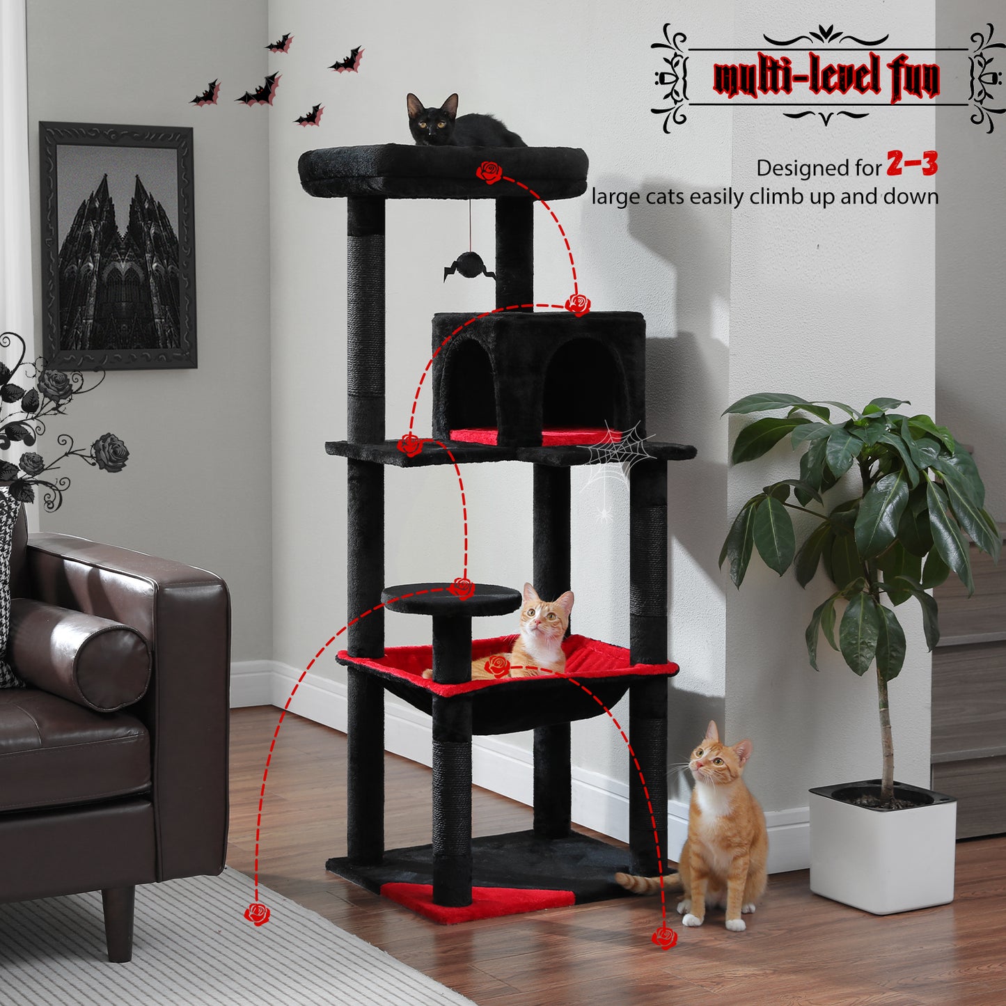 PAWZ Road 143cm Gothic Cat Tree Tower Scratching Post Scratcher Cat Condo Tree Kitten Bed Toy Black