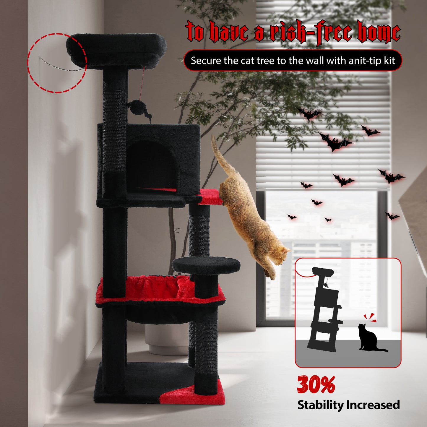 PAWZ Road 116cm Gothic Cat Tree Tower Scratching Post Scratcher Cat Condo Tree Kitten Bed Toy Black