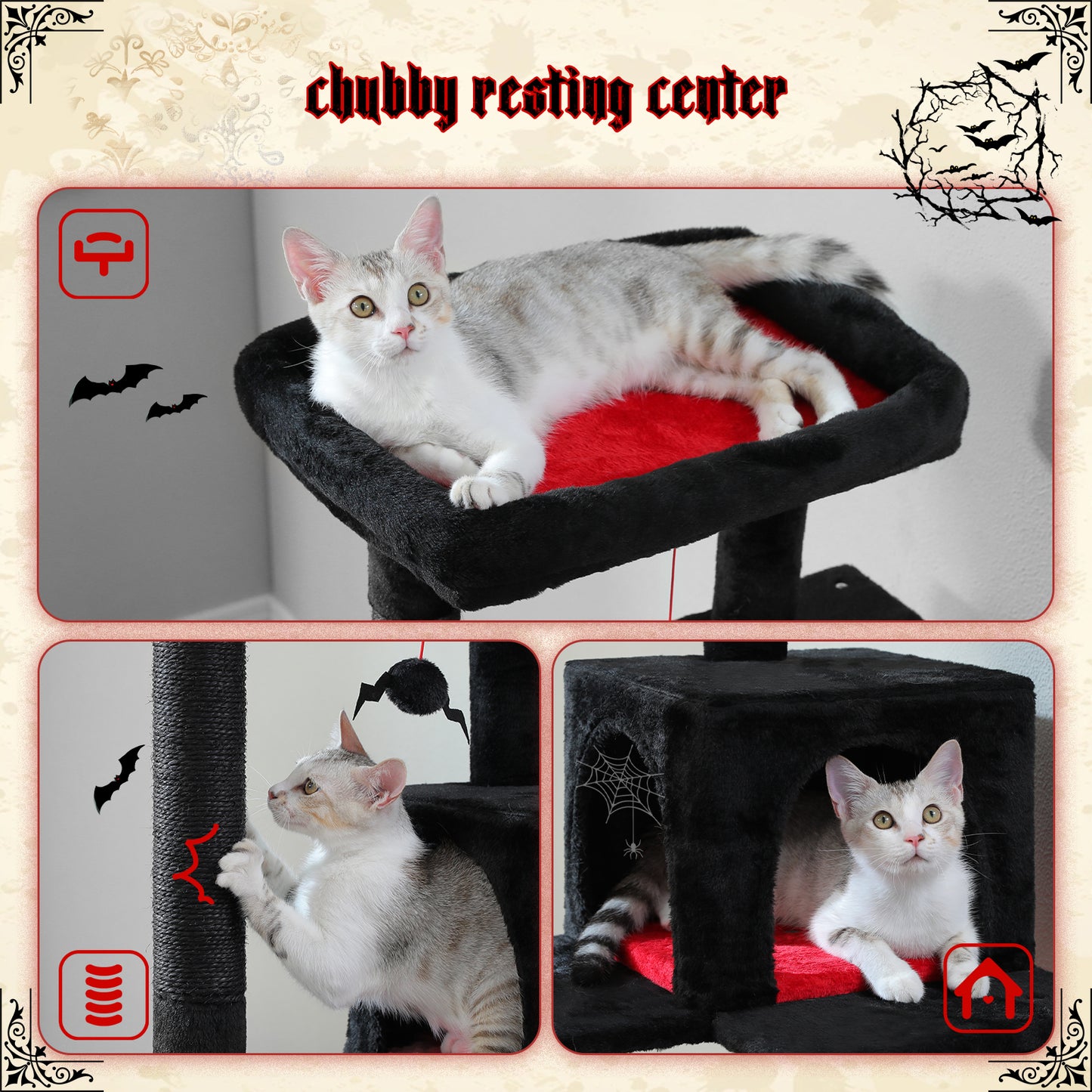 PAWZ Road 116cm Gothic Cat Tree Tower Scratching Post Scratcher Cat Condo Tree Kitten Bed Toy Black