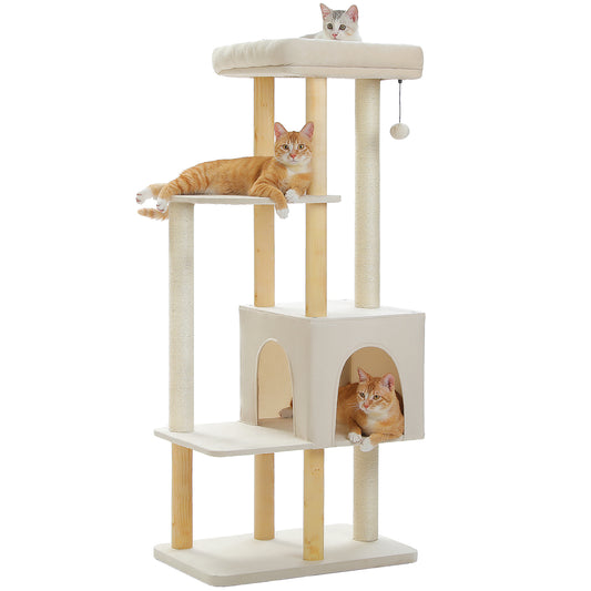 PAWZ Road 135CM Cat Tree Tower Scratching Post Scratcher Wooded Cats Condo House Beige