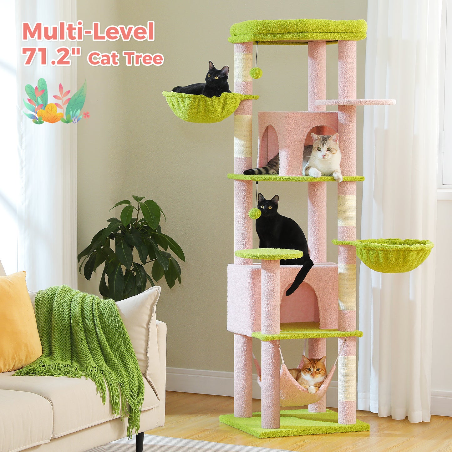 PAWZ Road 181cm Large Cat Tree Tower Scratching Post Condo House Furniture Cat Beds Pink