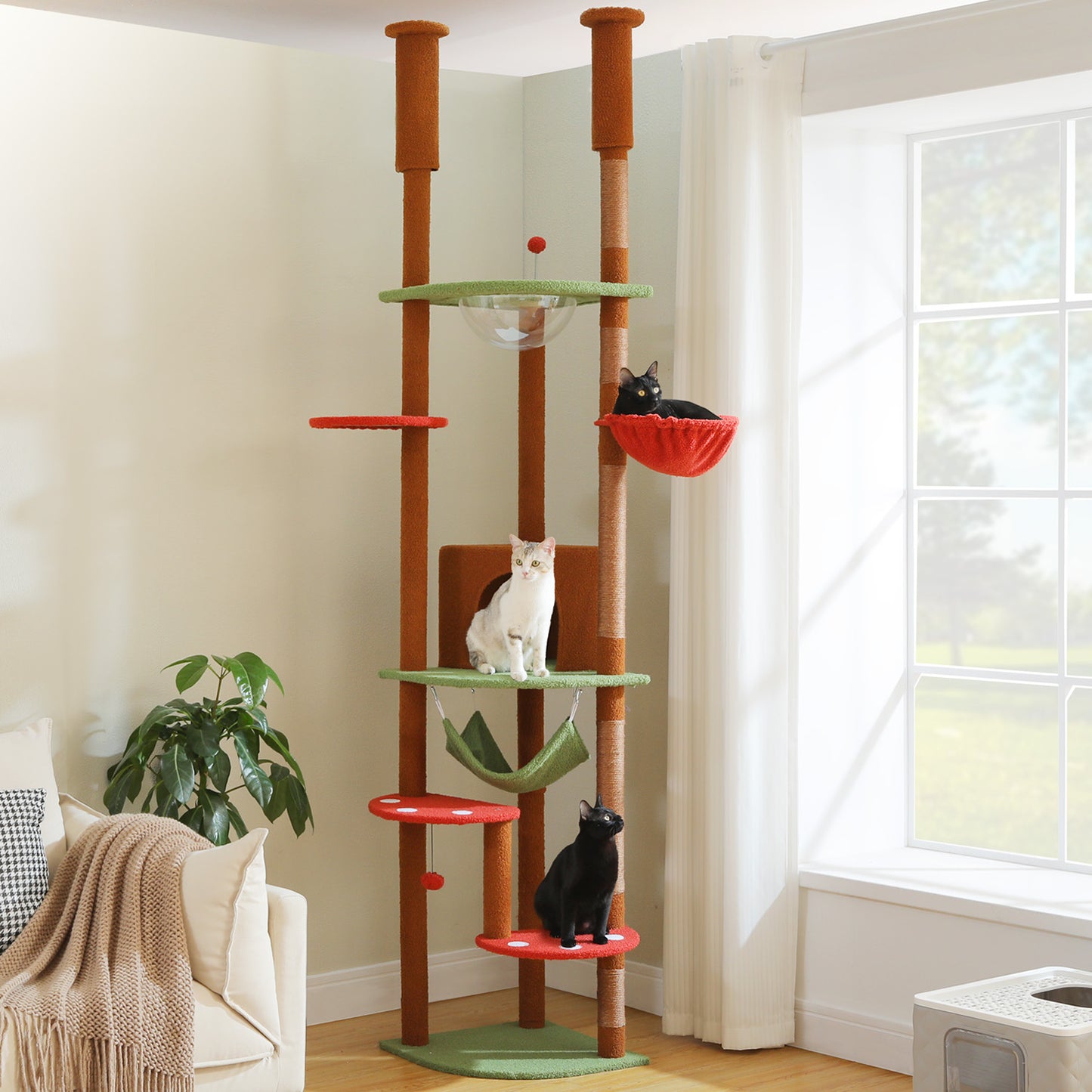 Cat Tree Tower Scratching Post Floor to Ceiling Height Adjustable Cat Condo Bed Brown