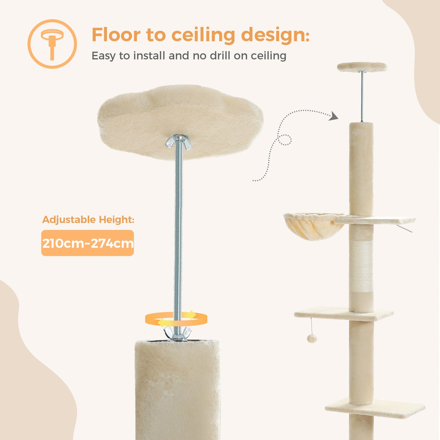 PAWZ Road Cat Tree Tower Scratching Post Ceiling High Cat Scratcher Condo Beds Beige