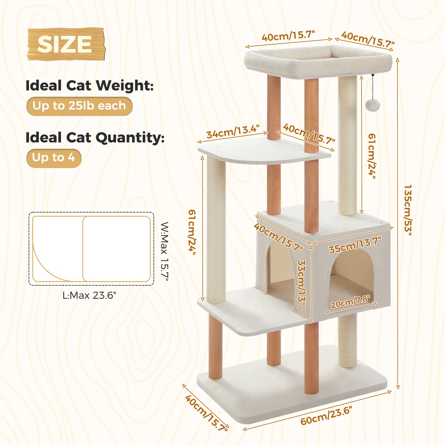 PAWZ Road 135CM Cat Tree Tower Scratching Post Scratcher Wooded Cats Condo House Beige