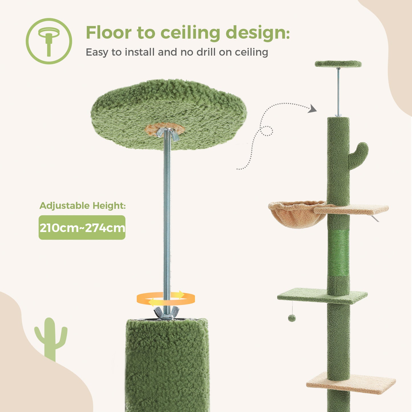 PAWZ Road Cat Tree Tower Scratching Post Ceiling High Cat Scratcher Condo Beds Green