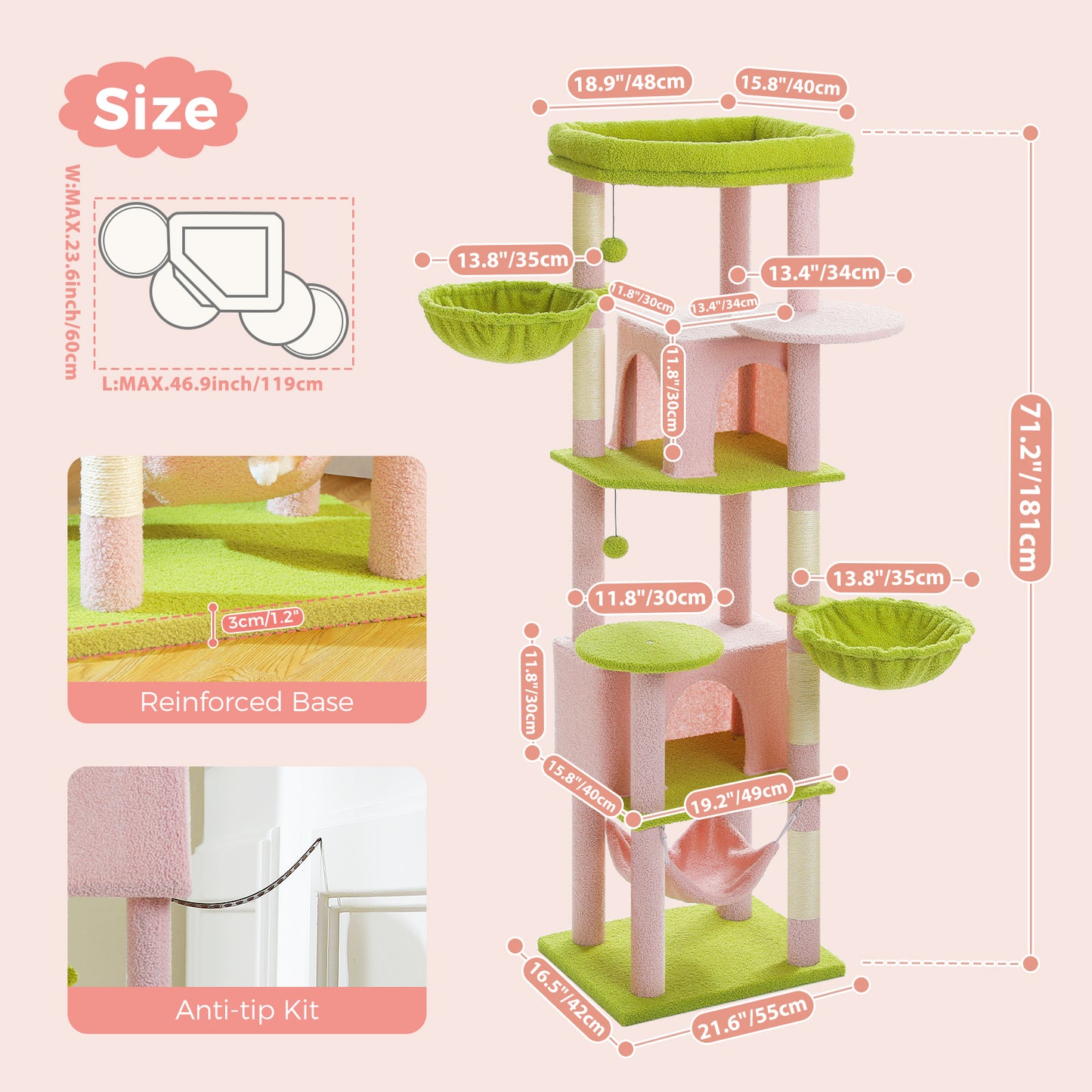 PAWZ Road 181cm Large Cat Tree Tower Scratching Post Condo House Furniture Cat Beds Pink