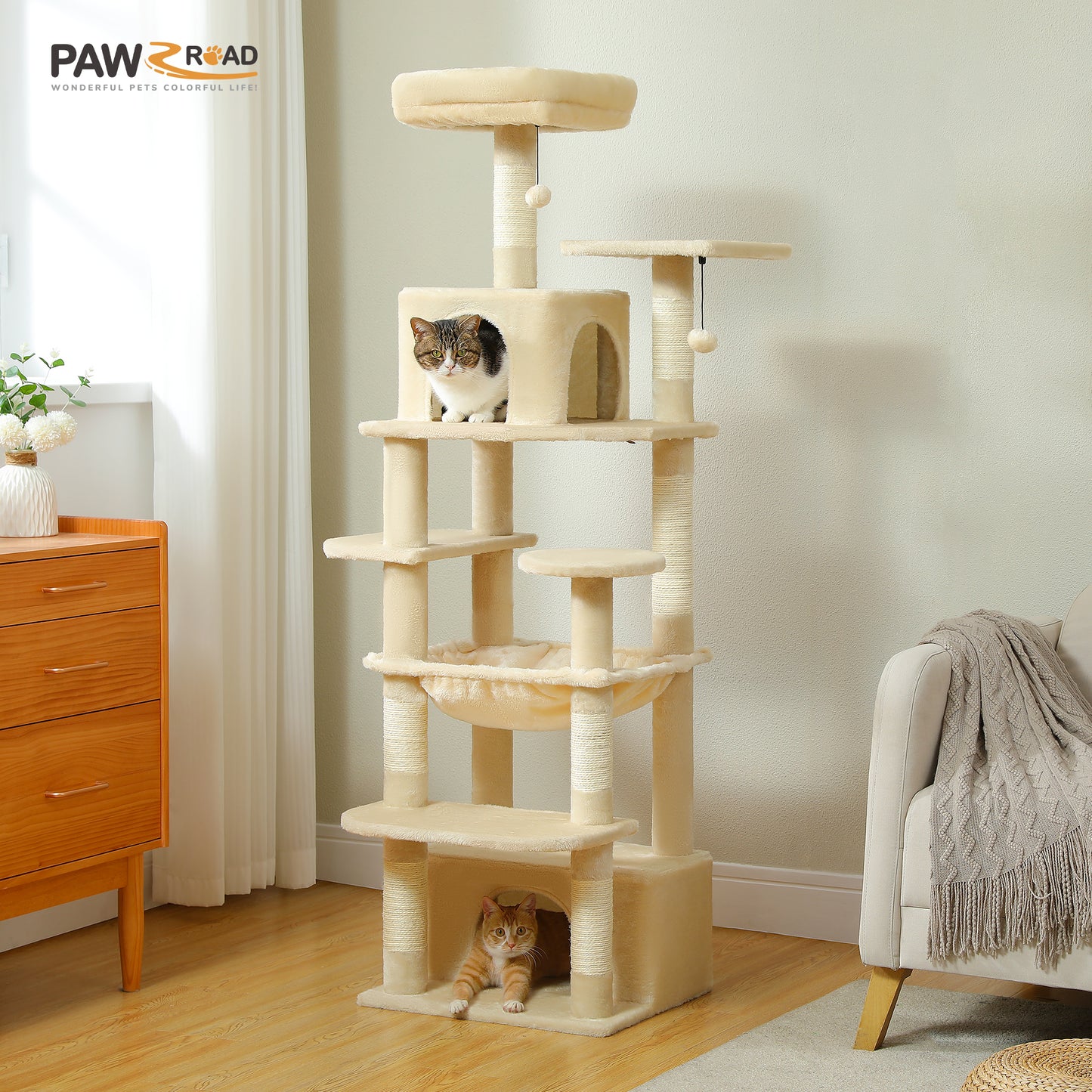 PAWZ Road Cat Tree Tower Scratching Post Scratcher Condo House Bed Toys 164cm Beige