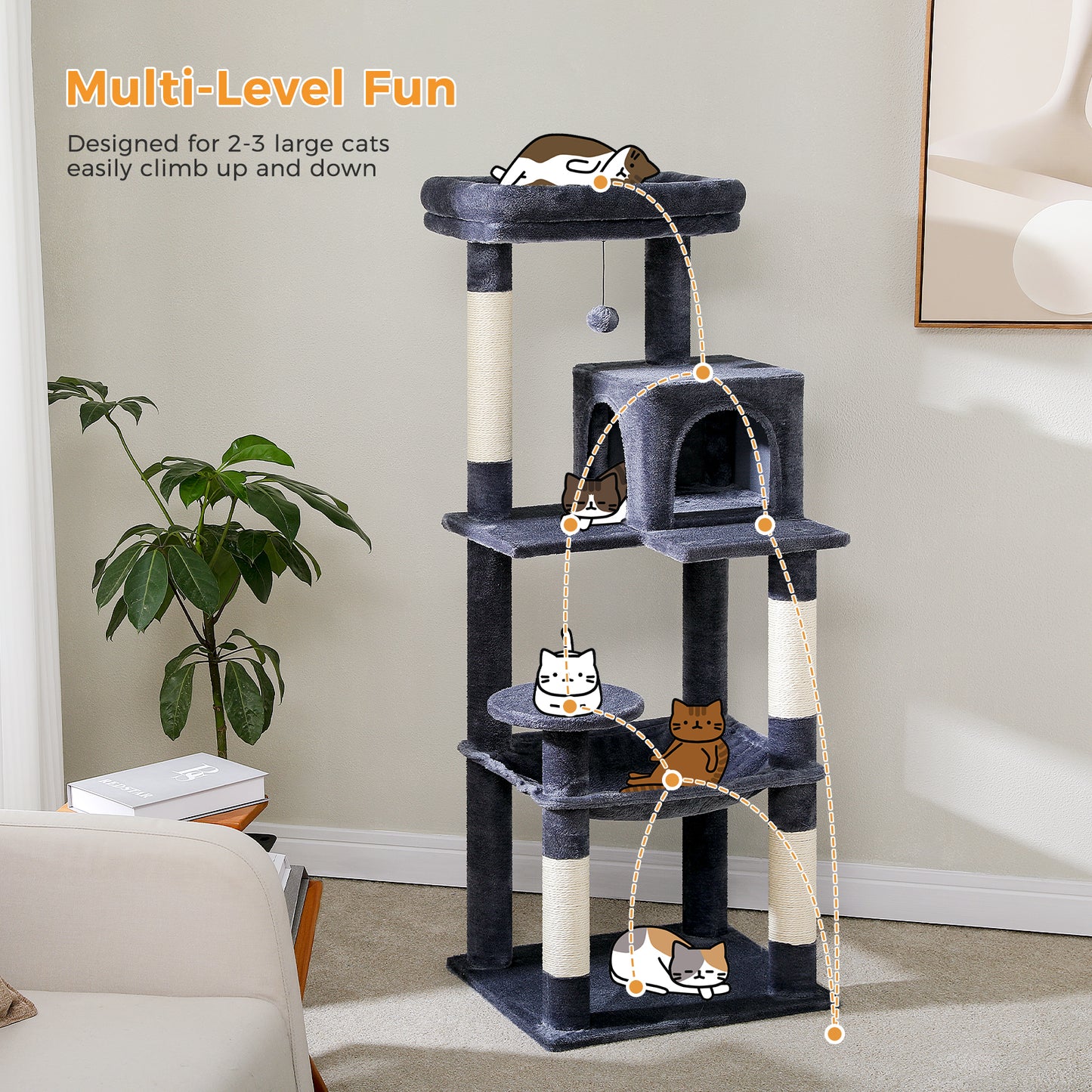 PAWZ Road 143CM Cat Tree Tower Scratching Post Cat Bed Furniture Scratcher Condo House Dark Grey