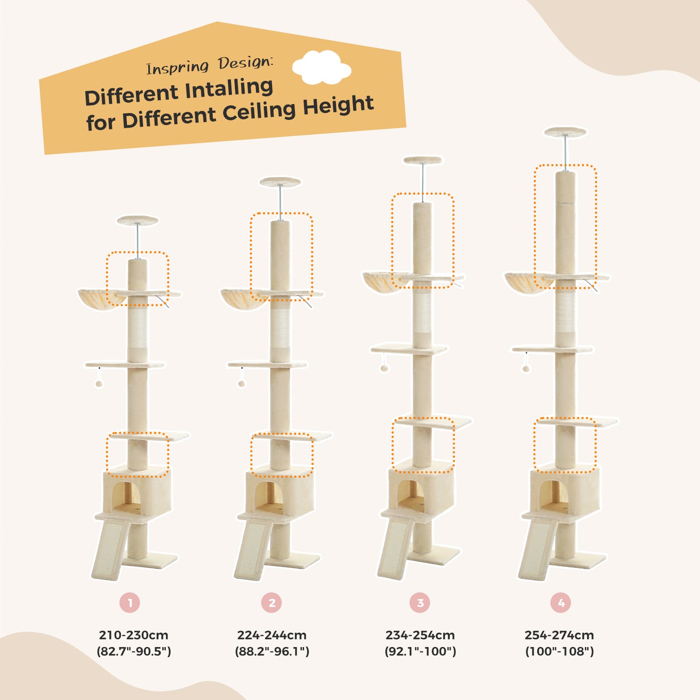 PAWZ Road Cat Tree Tower Scratching Post Ceiling High Cat Scratcher Condo Beds Beige