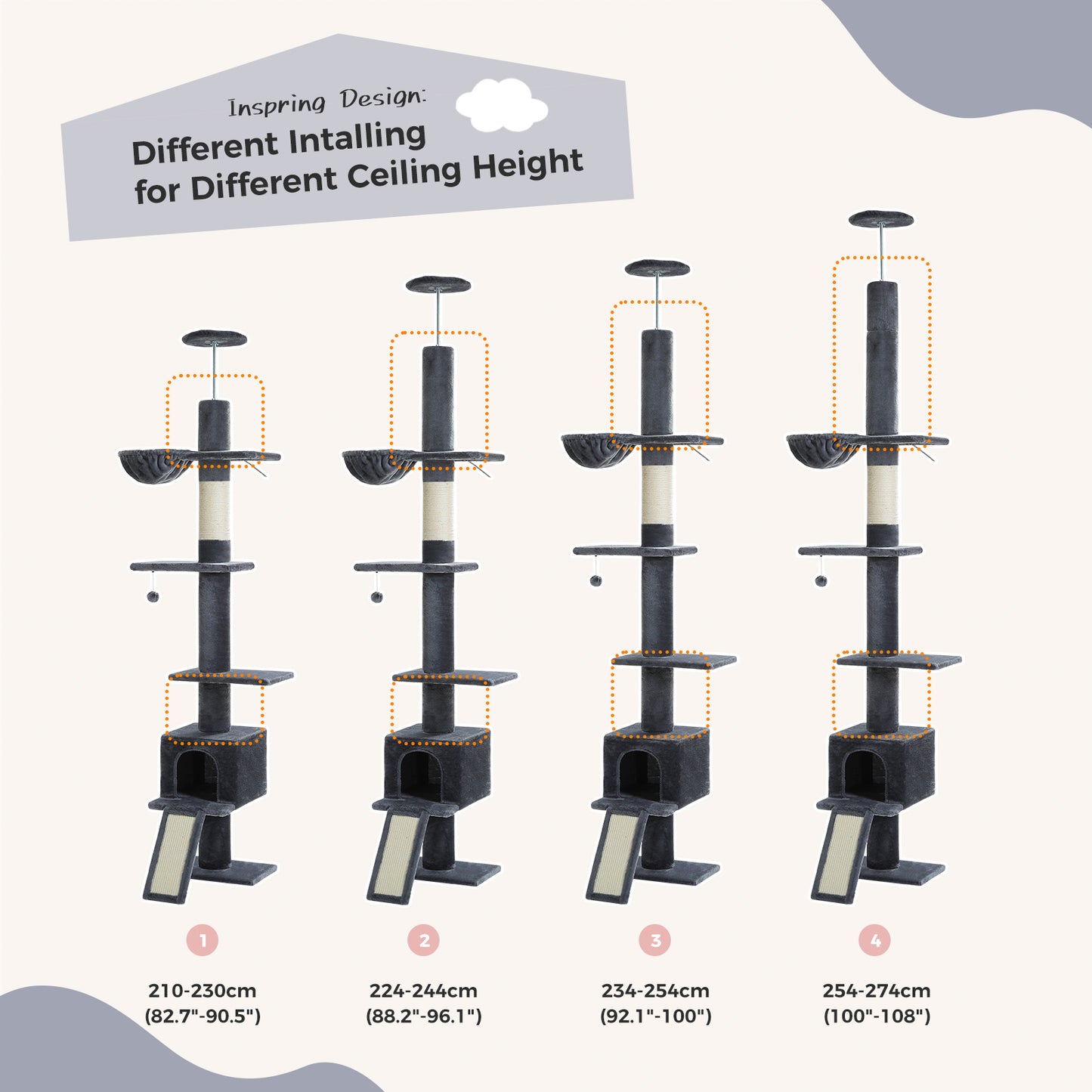 PAWZ Road Cat Tree Tower Scratching Post Ceiling High Cat Scratcher Condo Beds Dark Grey