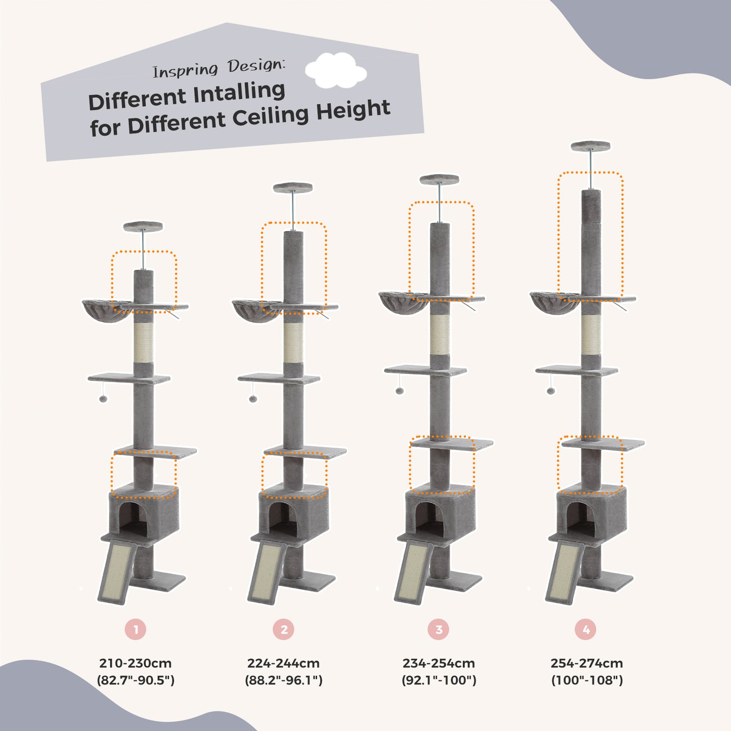 PAWZ Road Cat Tree Tower Scratching Post Ceiling High Cat Scratcher Condo Beds Grey