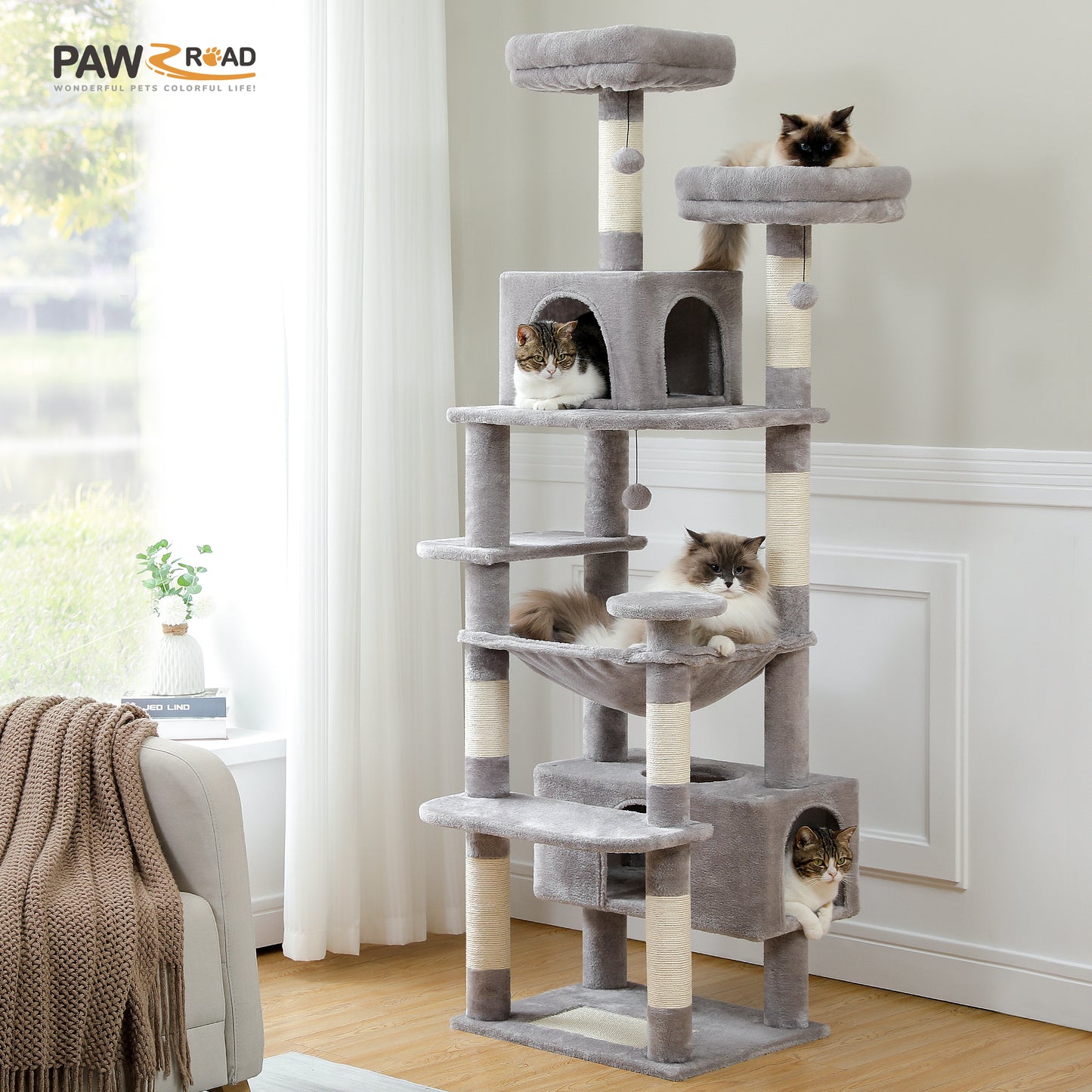 PAWZ Road 184cm Cat Tree Tower Scratching Post Scratcher Condo House Bed Toy Furniture Grey