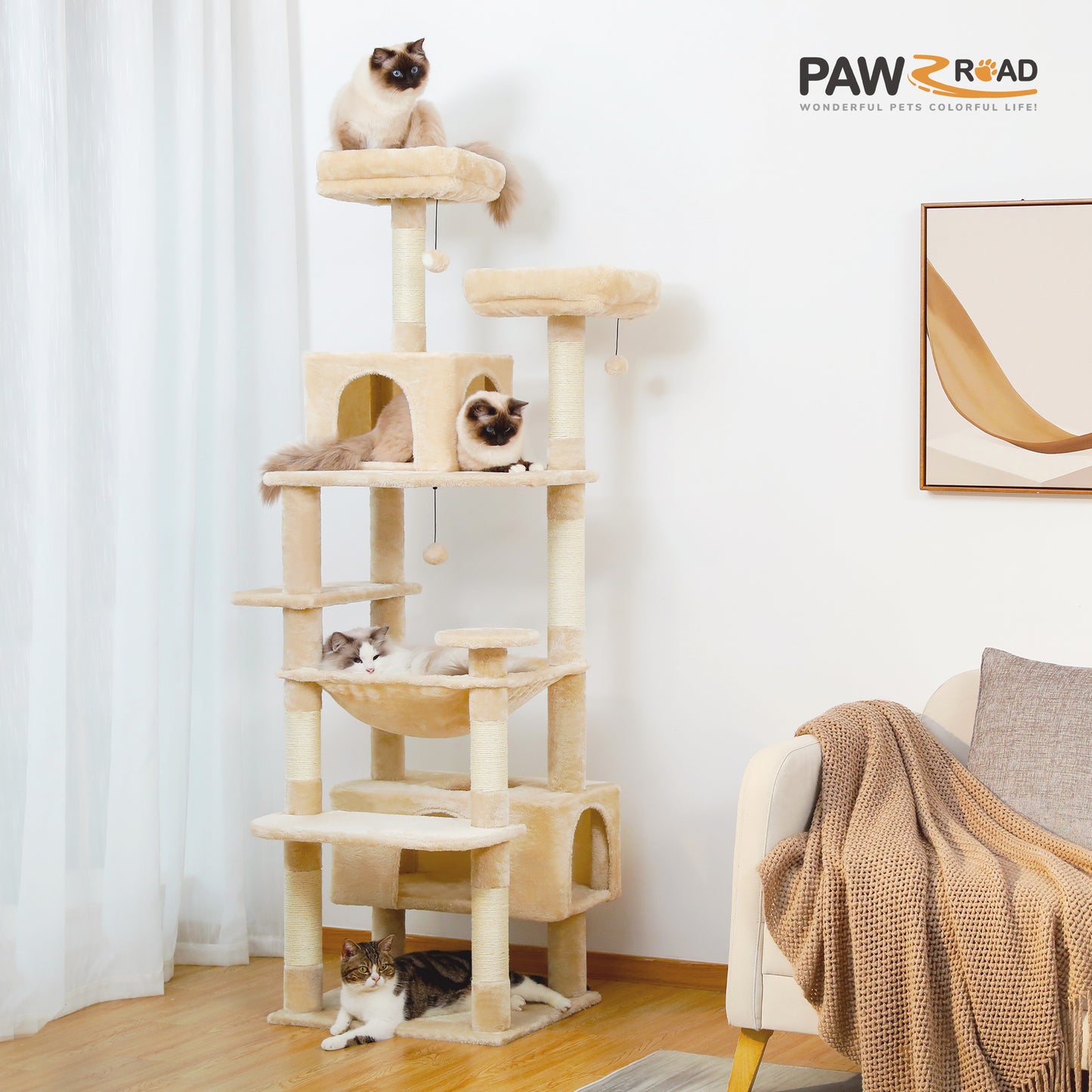 PAWZ Road 184cm Cat Tree Tower Scratching Post Scratcher Condo House Bed Toy Furniture Beige