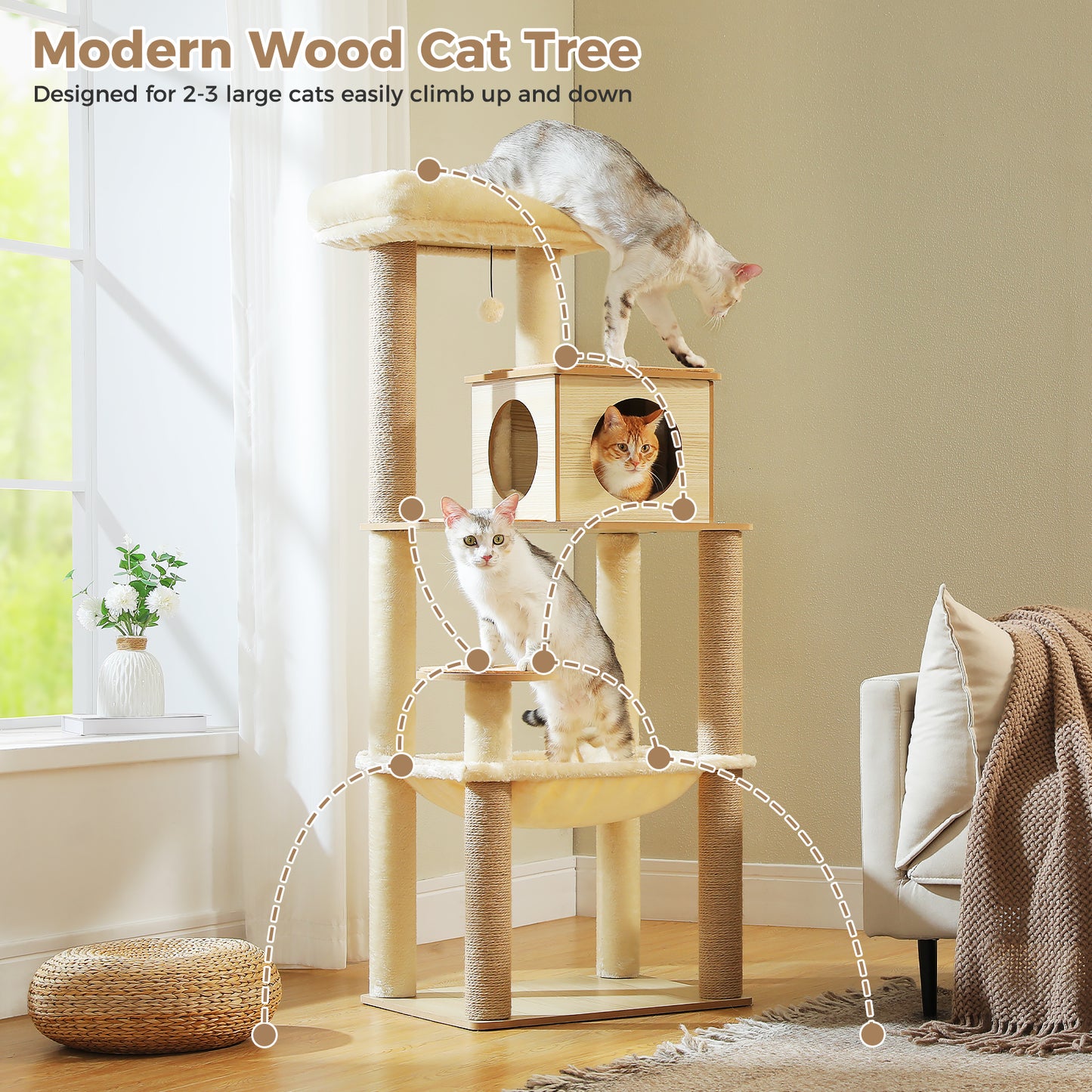 PAWZ Road 143cm Cat Tree Tower Scratching Post Scratcher Cat Condo Tree Kitten Bed Toy Wood Beige