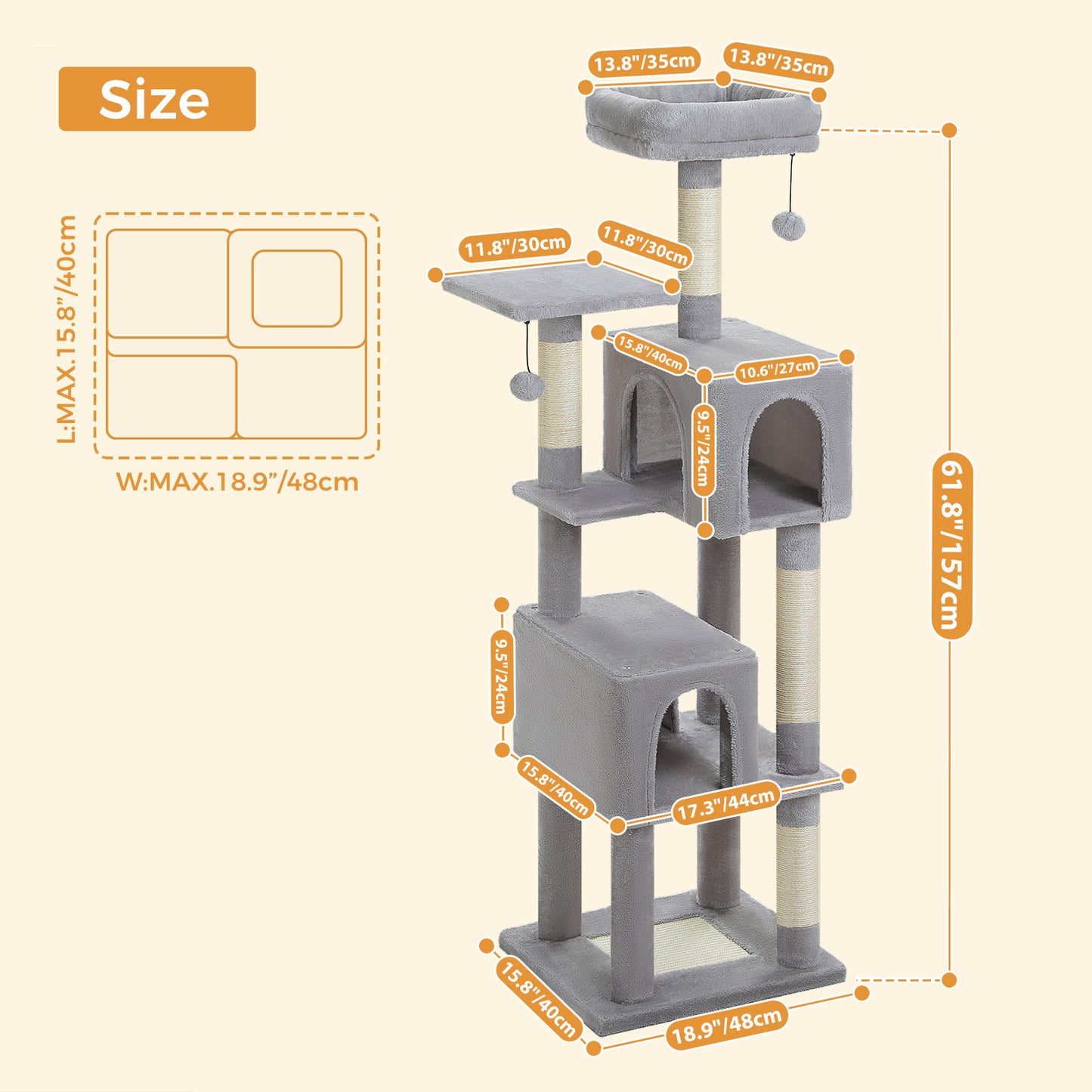 PAWZ Road 157cm Cat Tree Tower Scratching Post Scratcher Condo House Furniture Grey