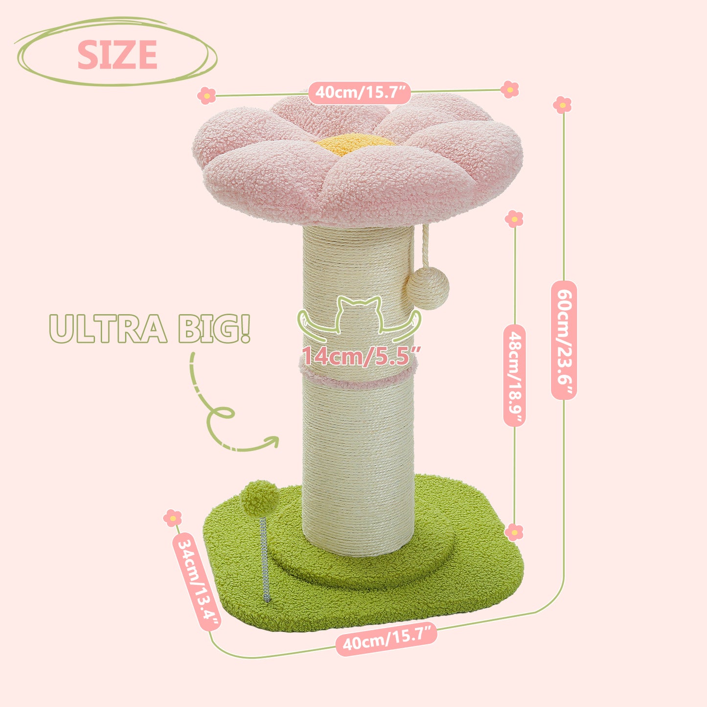 PAWZ Road 60cm Cat Scratching Post with Super Thick Scratcher Cats Bed Toys Scratch Pink