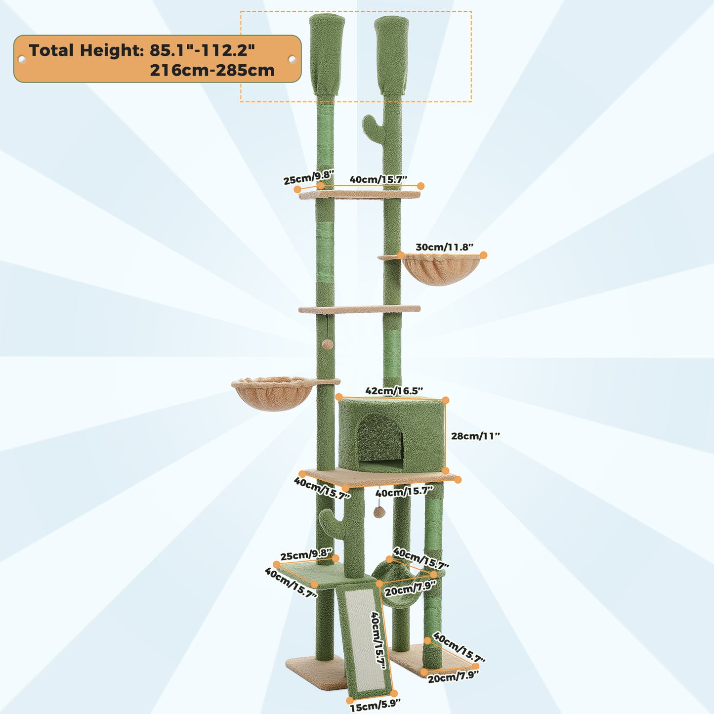 PAWZ Road Cat Tree Tower Scratching Post Scratcher Adjustable Height 216-285cm Green