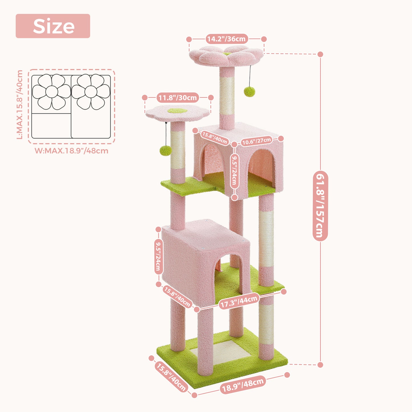 PAWZ Road 157cm Cat Tree Tower Scratching Post Scratcher Condo House Furniture Pink