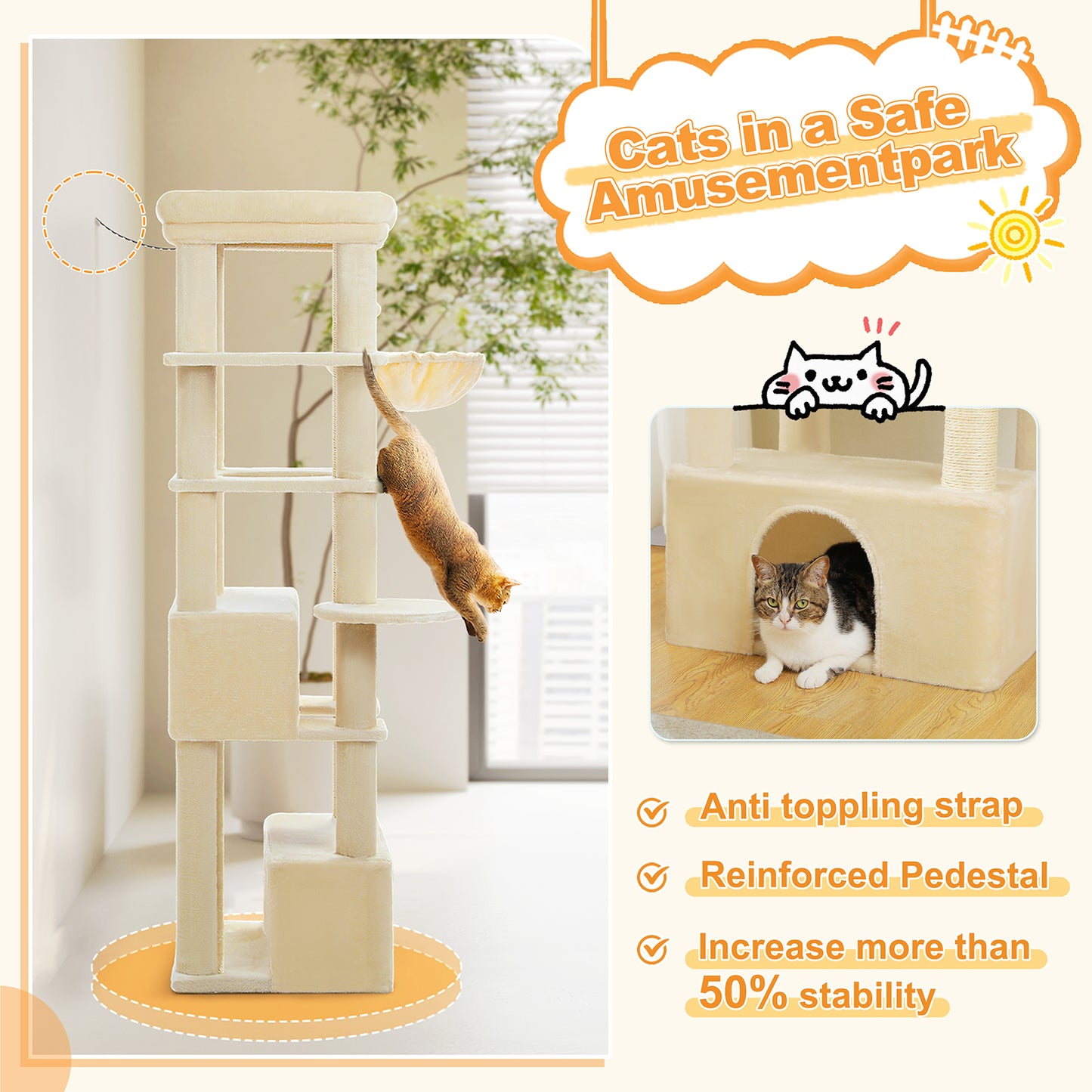 PAWZ Road 170cm Cat Tree Tower Scratching Post Scratcher Large Cats Condo House Beige