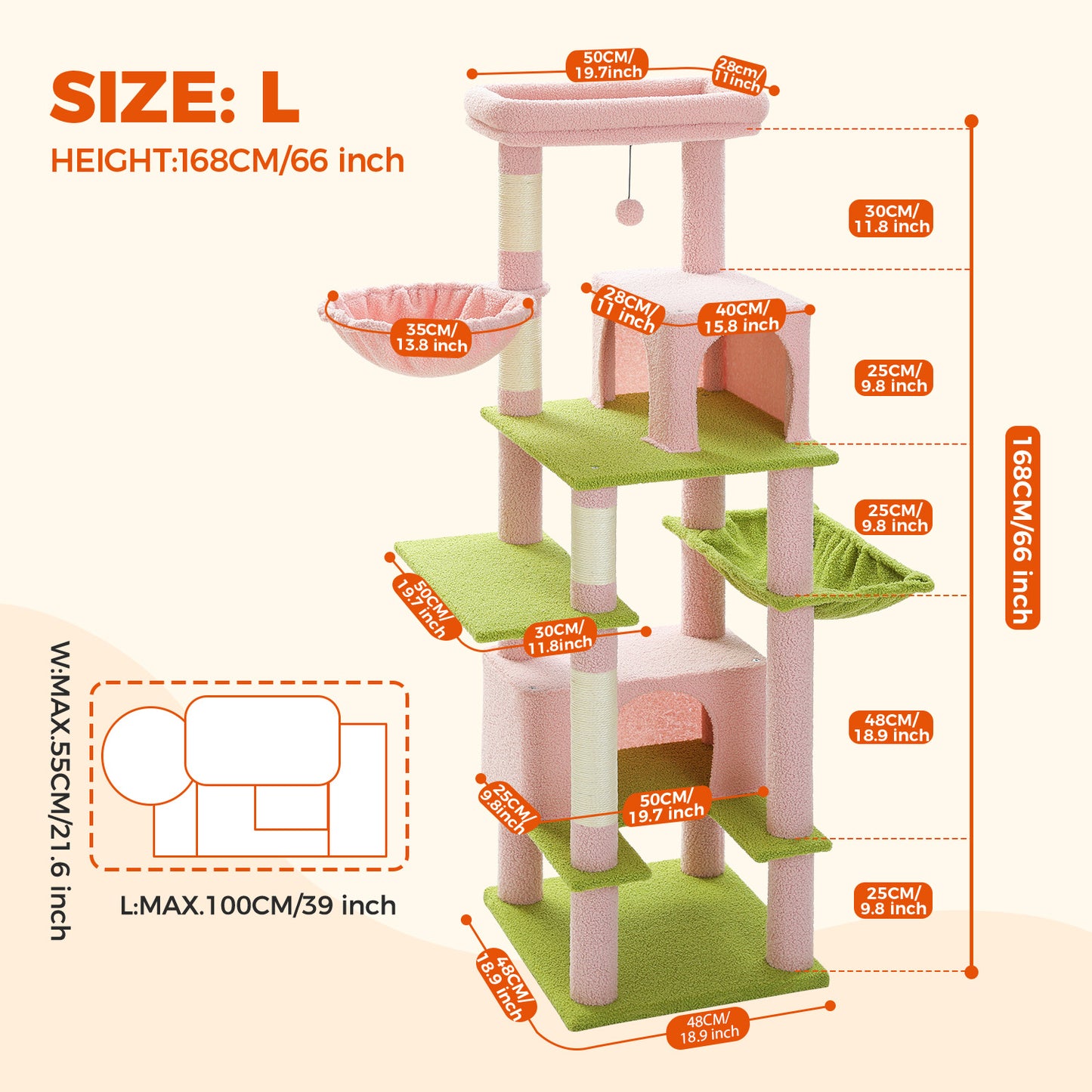 PAWZ Road 168cm Cat Tree Tower Scratching Post Scratcher for Large Cats Condo House Furniture Pink