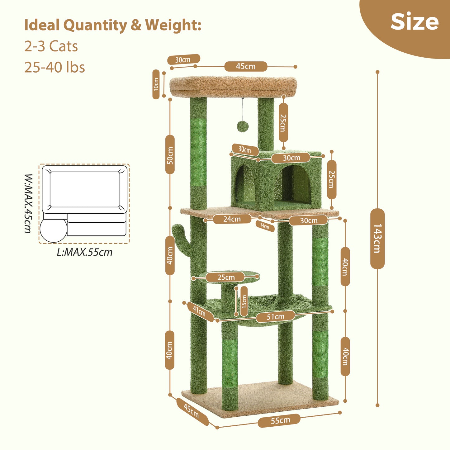 PAWZ Road 143cm Cactus Cat Tree Tower Scratching Post Scratcher Cat Condo Tree Kitten Bed Toy Green