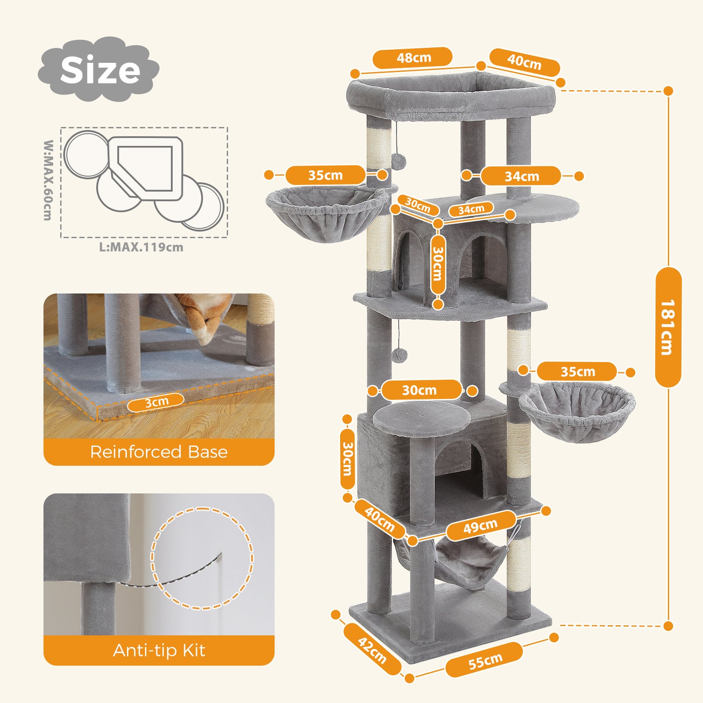 PAWZ Road 181cm Large Cat Tree Tower Scratching Post Condo House Furniture Cat Beds Grey