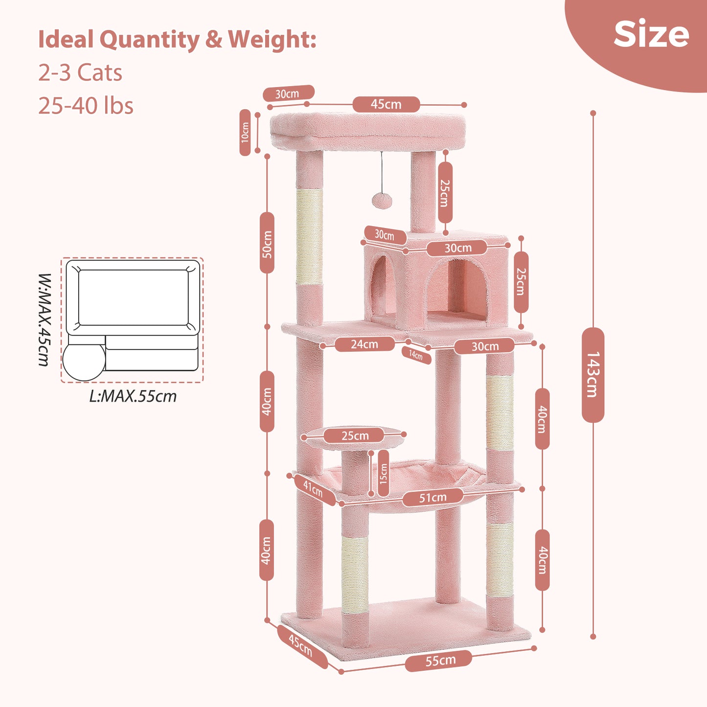 PAWZ Road 143cm Cat Tree Tower Scratching Post Scratcher Cats Bed Condo House Light Pink