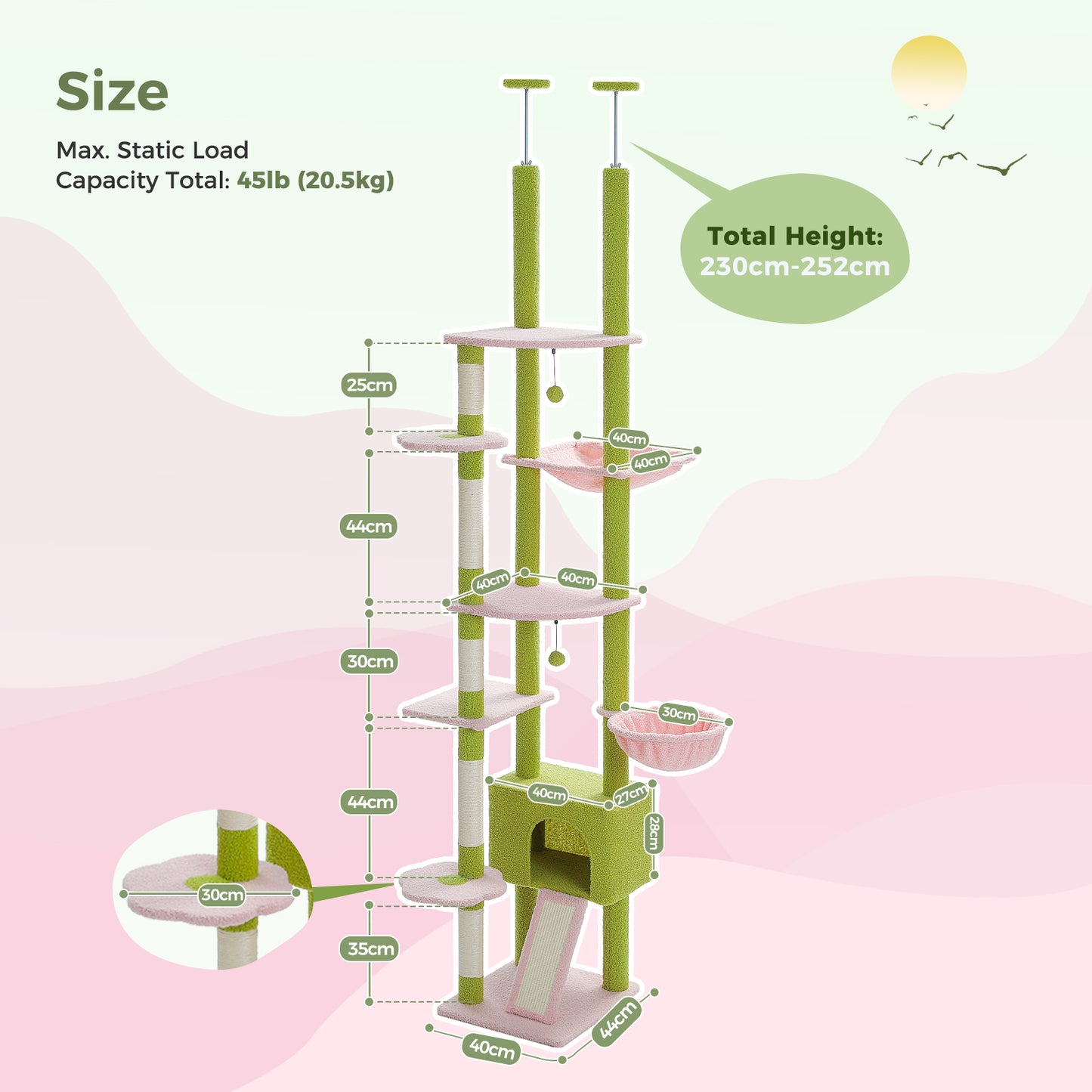 PAWZ Road Cat Tree Tower Scratching Post Floor to Ceiling Cats Tower Furniture Pink