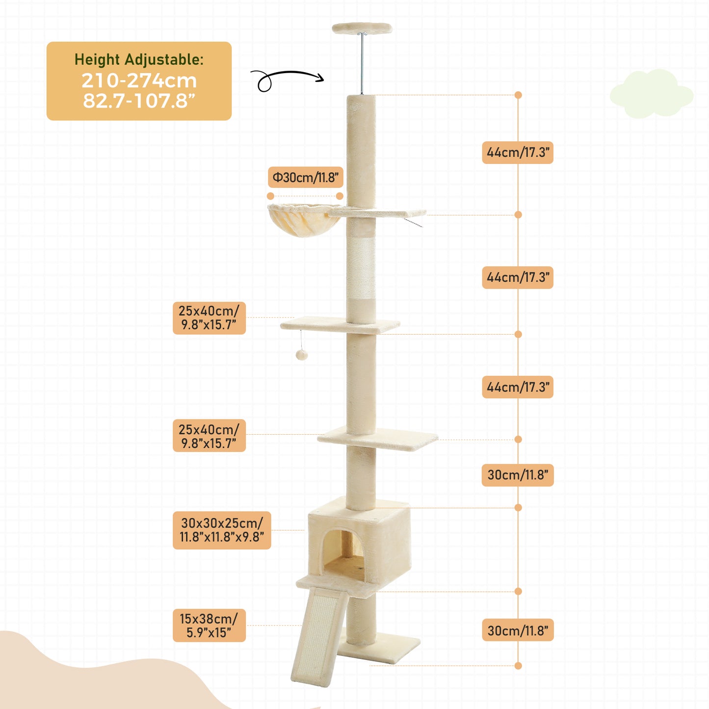 PAWZ Road Cat Tree Tower Scratching Post Ceiling High Cat Scratcher Condo Beds Beige
