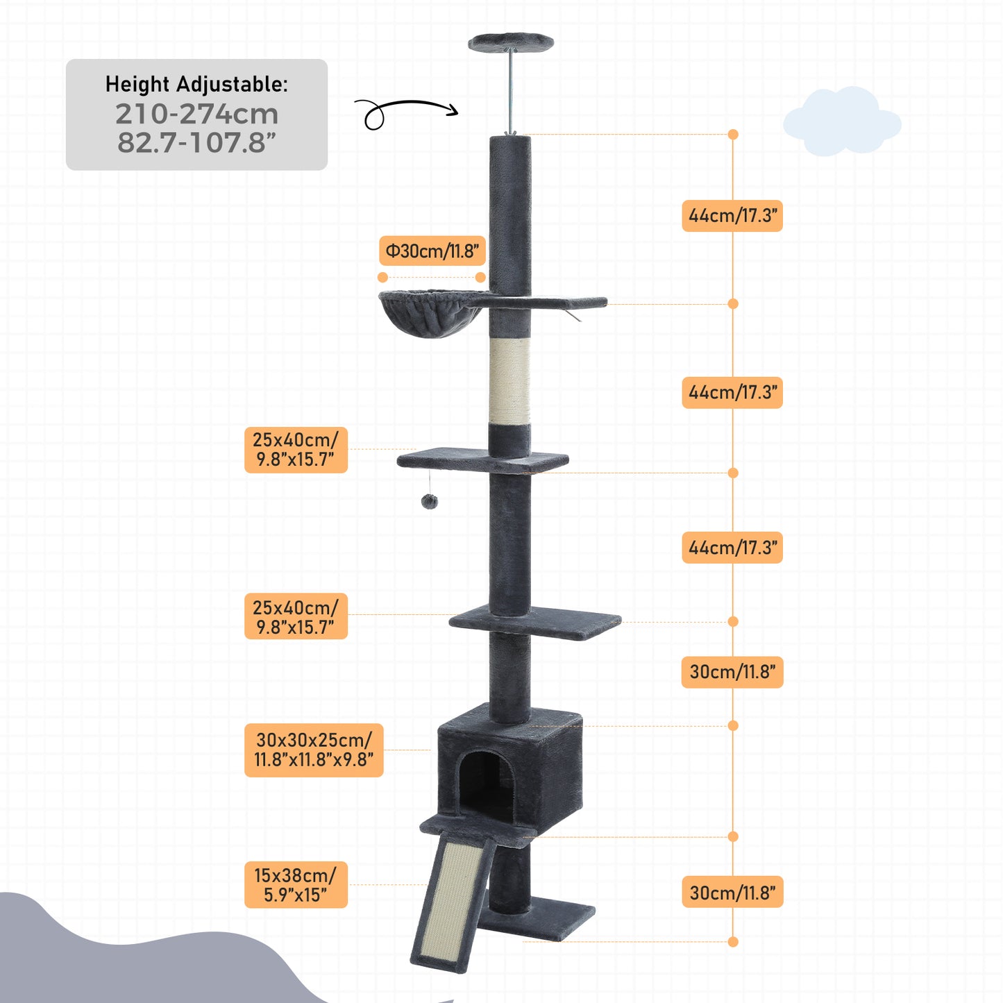 PAWZ Road Cat Tree Tower Scratching Post Ceiling High Cat Scratcher Condo Beds Dark Grey
