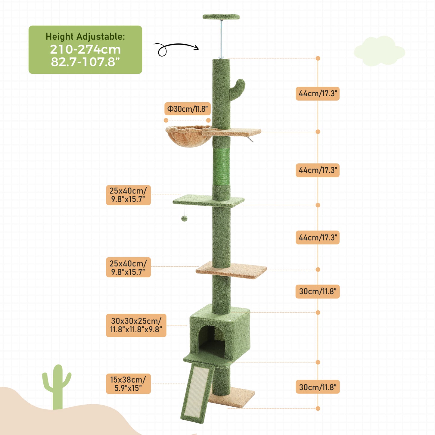 PAWZ Road Cat Tree Tower Scratching Post Ceiling High Cat Scratcher Condo Beds Green