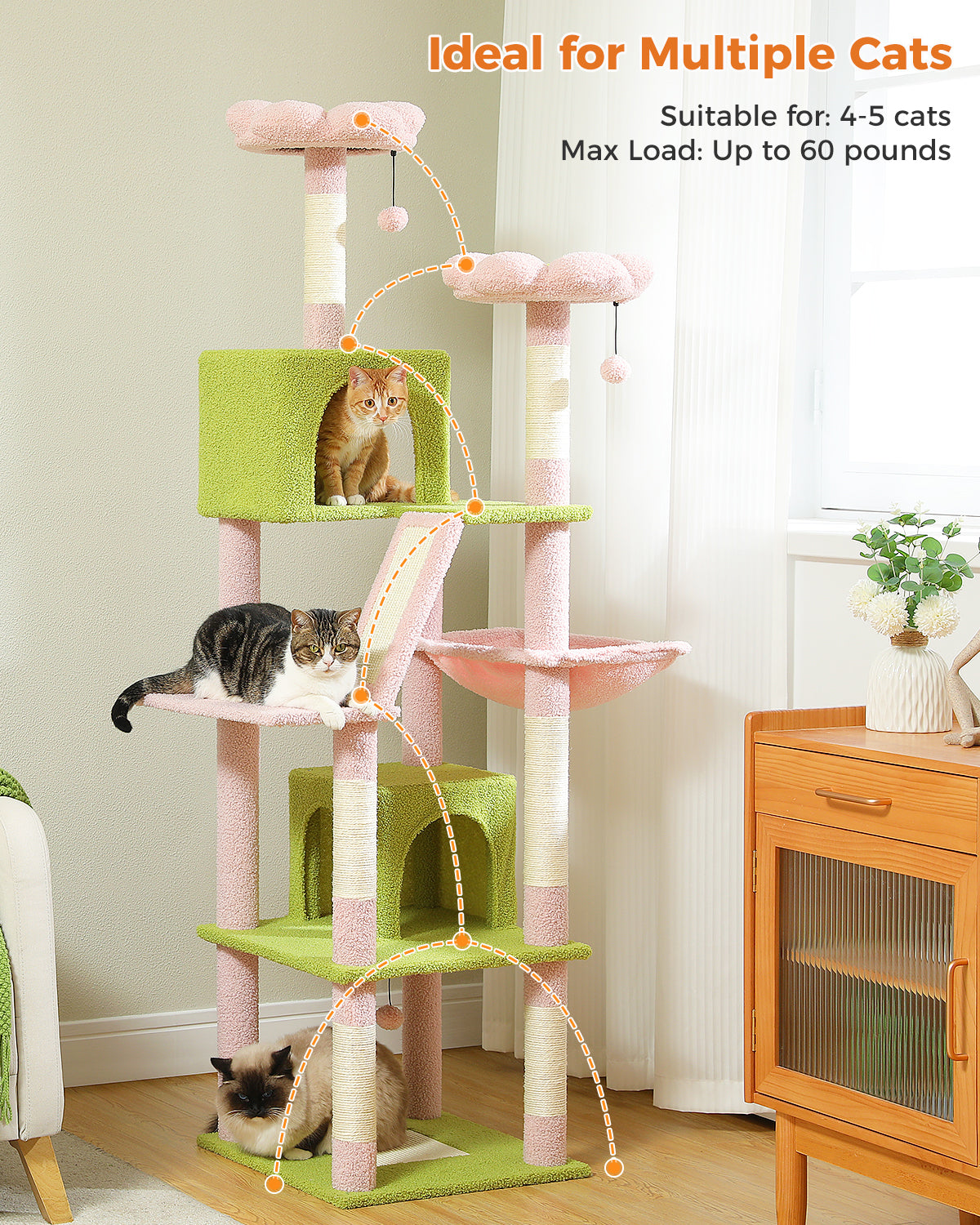 PAWZ Road 180cm Cat Tree Tower Scratching Post Adult Cats Condo House Bed Toys Pink