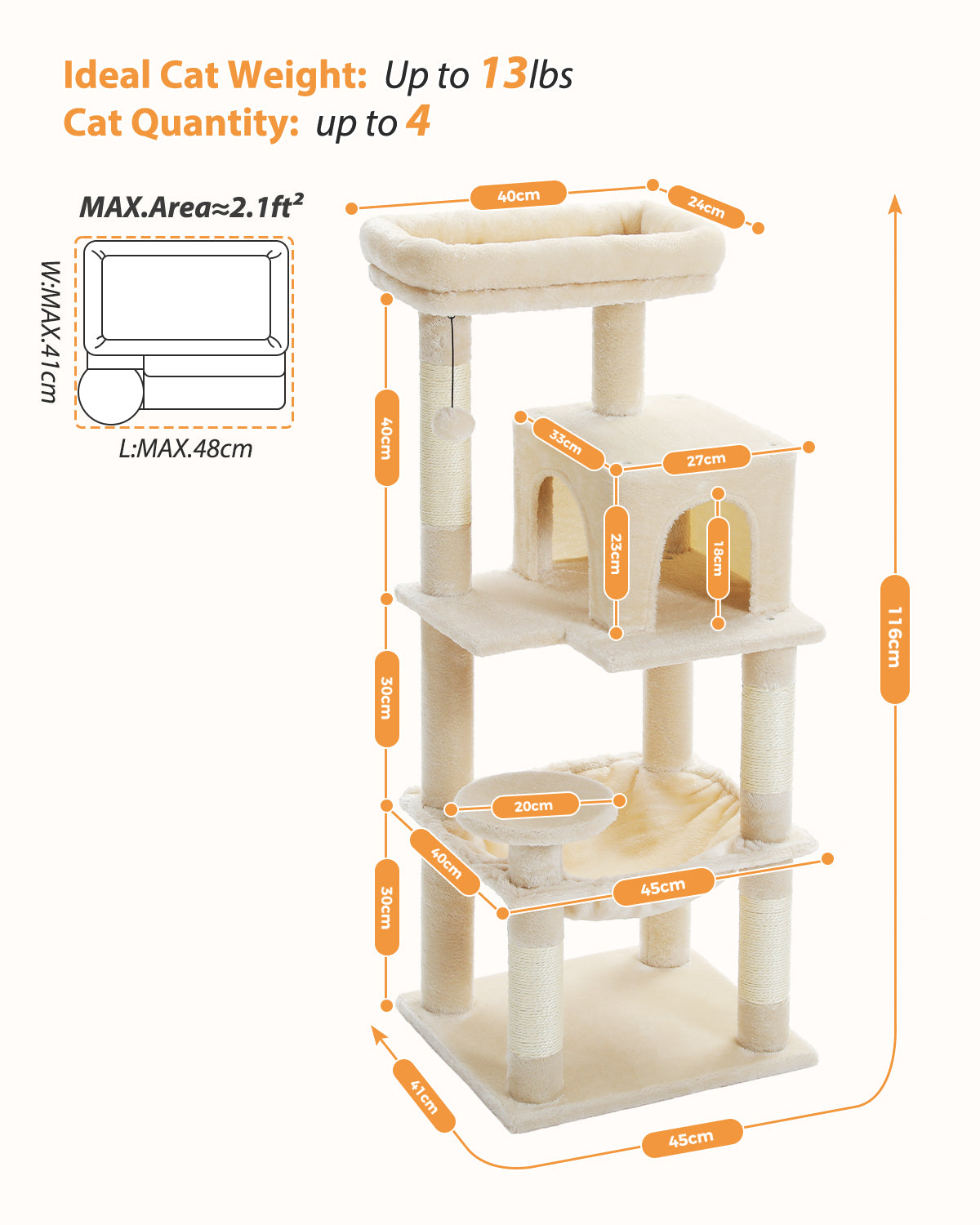 PAWZ Road 116cm Cat Tree Tower Scratching Post Scratcher Cat Condo Tree Kitten Bed Toy Beige