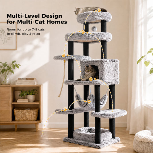PAWZ Road 185cm Tall Cat Tree, Multi-Level Cat Tower for Large Indoor Cats Soft Long Plush Material, 2 Large Perches, Sisal-Covered Scratching Post, Hanging Hammock, Private Condo, Removable Bed, Grey