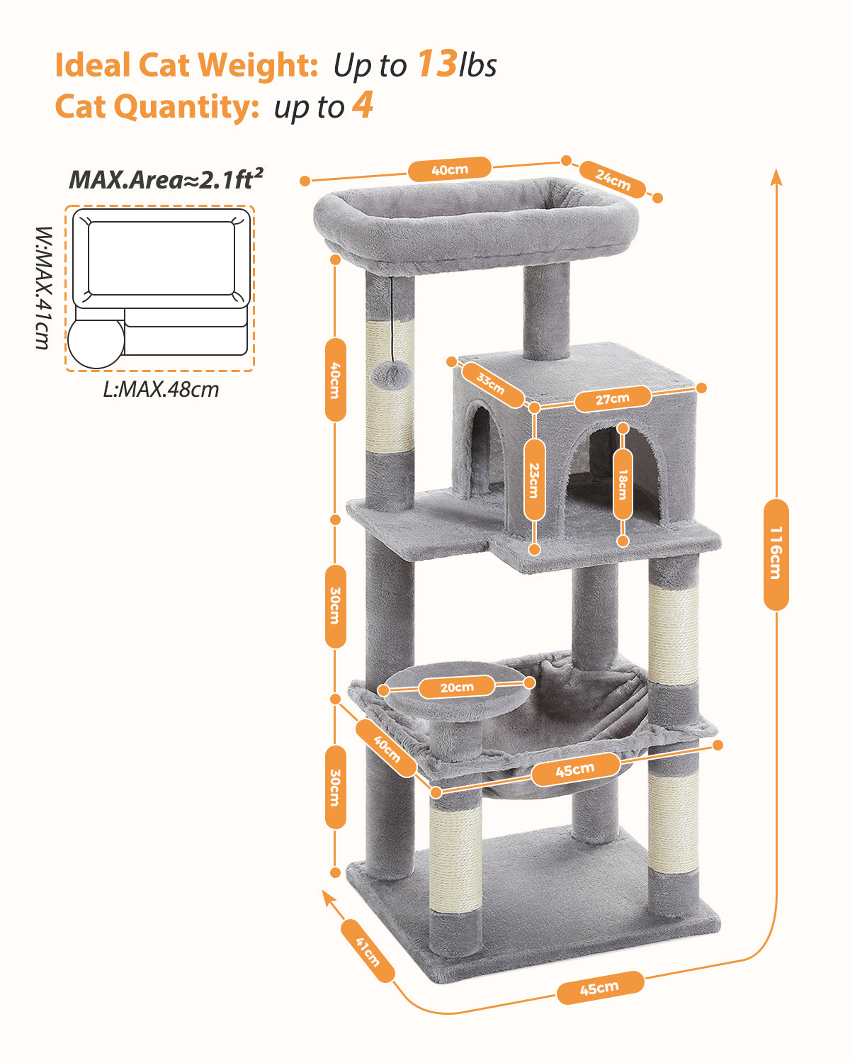 PAWZ Road 116cm Cat Tree Tower Scratching Post Scratcher Cat Condo Tree Kitten Bed Toy Grey