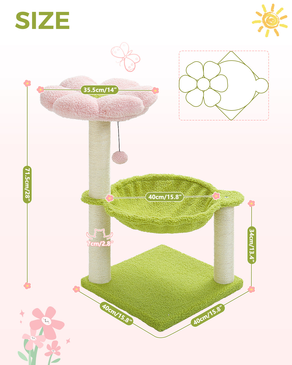 PAWZ Road Cat Tree Tower Scratching Post for Kitten Bed Condo House with Hammock Pink
