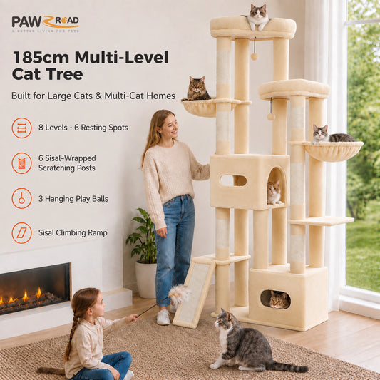 PAWZ Road 185cm Tall Cat Tree, Multi-Level Cat Tower for Large Indoor Cats 2 Large Perches, Sisal Scratching Posts & Ramp, 2 Hanging Caves, 2 Private Condos, 2 Dangling Balls, Beige
