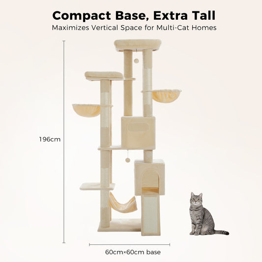 PAWZ Road 196cm Tall Cat Tree, Multi-Level Cat Tower for Large Indoor Cats 2 Large Perches, Sisal Scratching Posts & Ramp, Hanging Hammock & 2 Hanging Caves, 2 Private Condos, 2 Dangling Balls, Beige