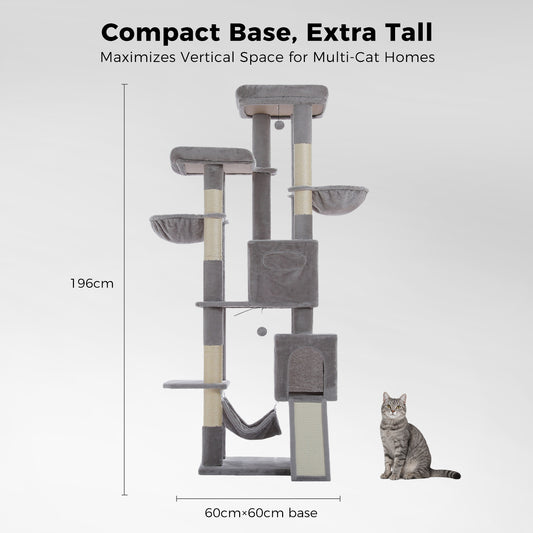 PAWZ Road 196cm Tall Cat Tree, Multi-Level Cat Tower for Large Indoor Cats 2 Large Perches, Sisal Scratching Posts & Ramp, Hanging Hammock & 2 Hanging Caves, 2 Private Condos, 2 Dangling Balls, Grey