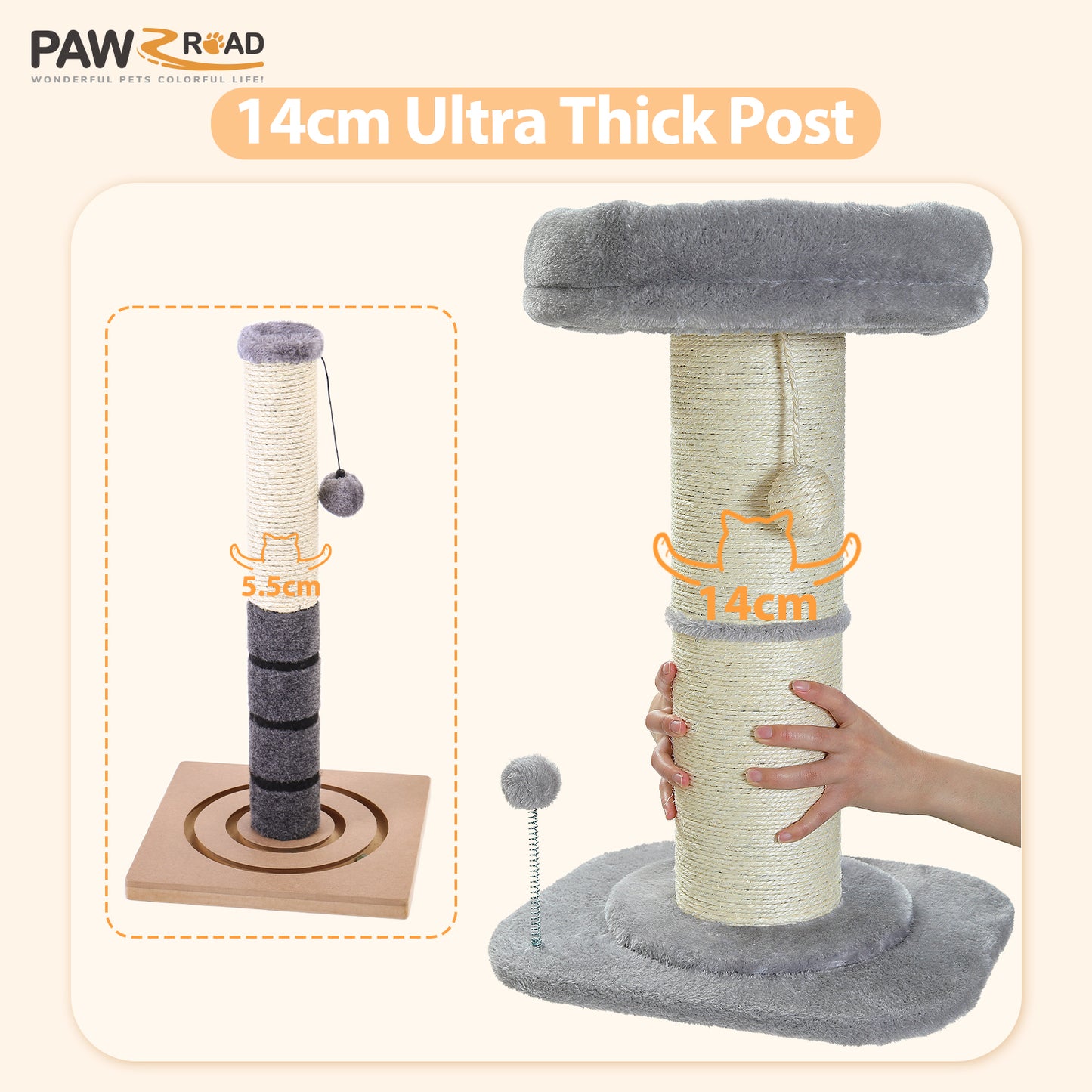 PAWZ Road 60cm Cat Scratching Post with Super Thick Scratcher Cats Bed Toys Scratch Grey